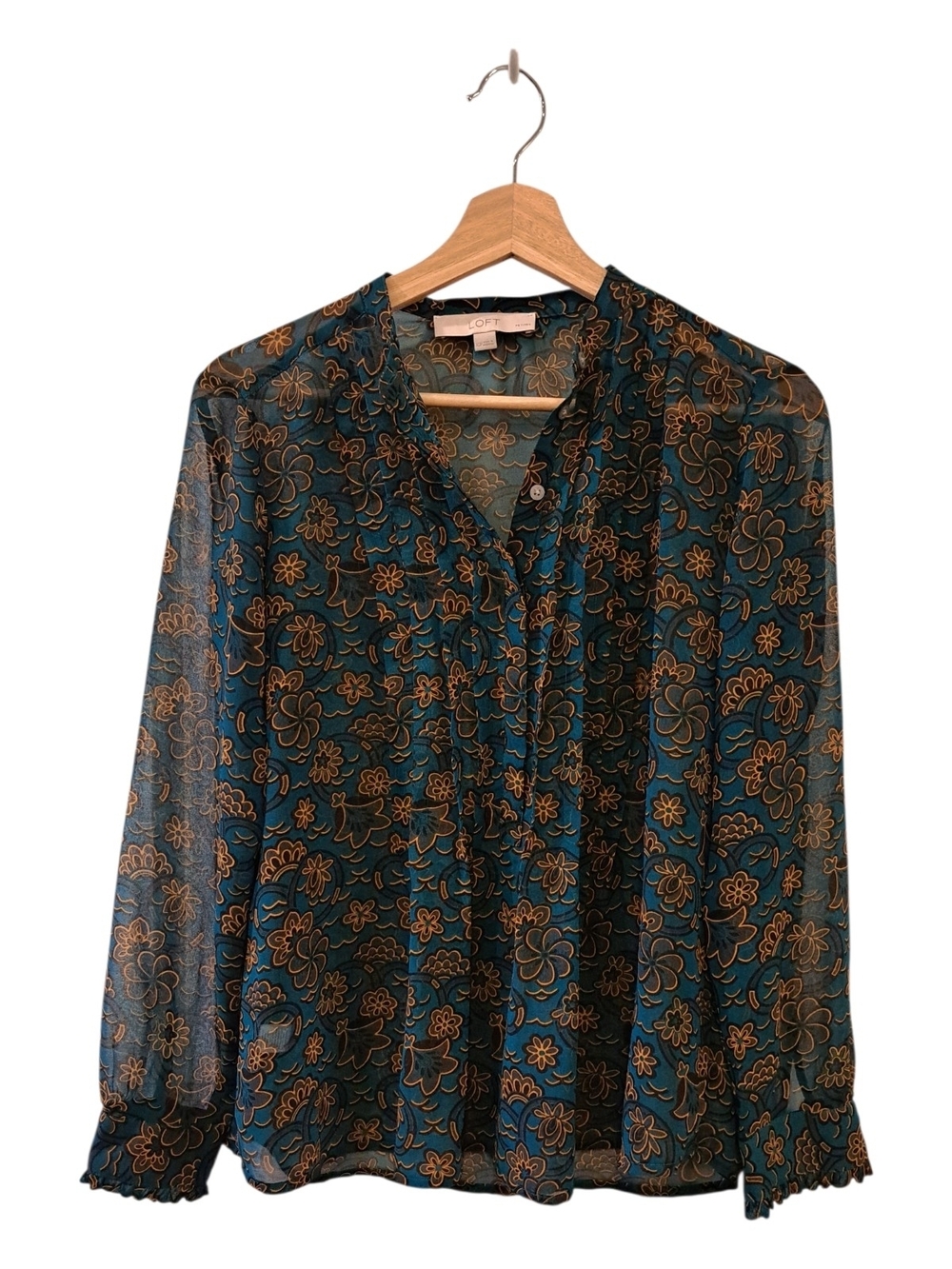 Ann Taylor Loft Teal Floral Long-Sleeve Blouse Size Petite XS